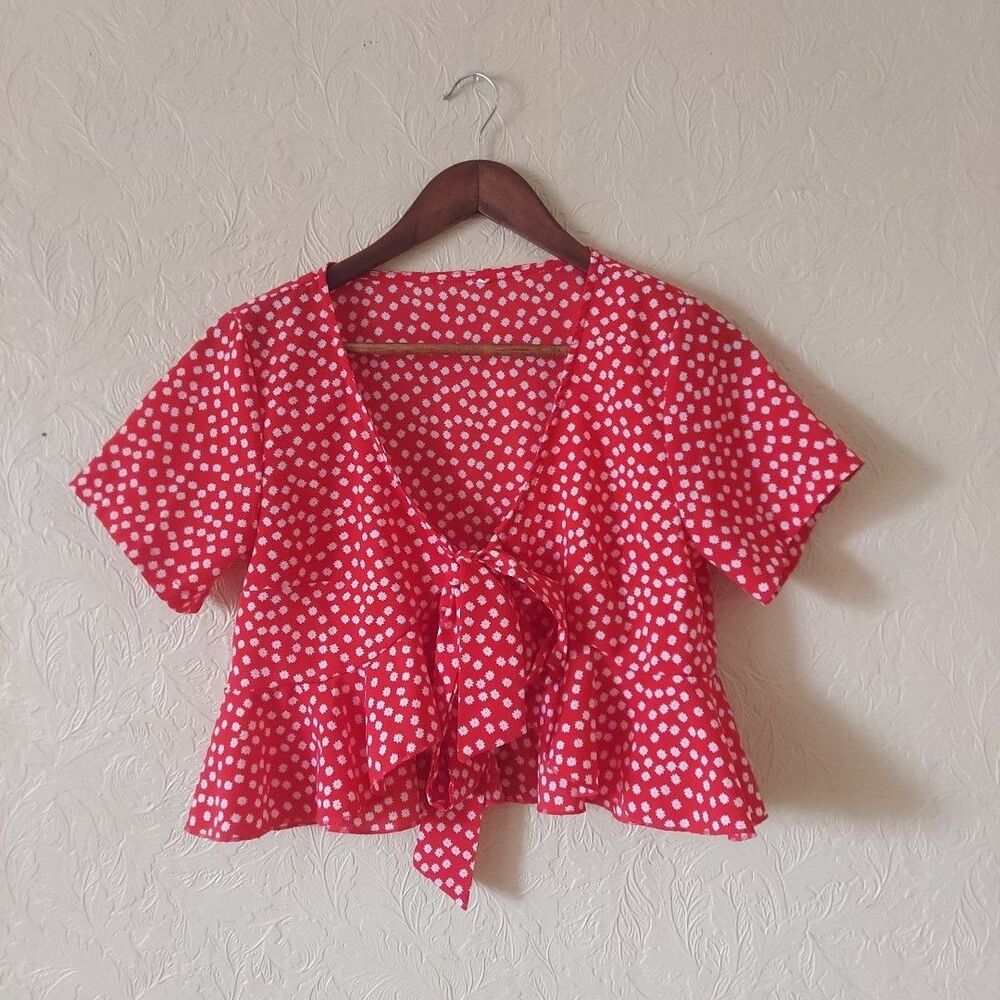 Shein Red Floral Tie Fron Ruffle Cropped Blouse Short Sleeve Sz Small